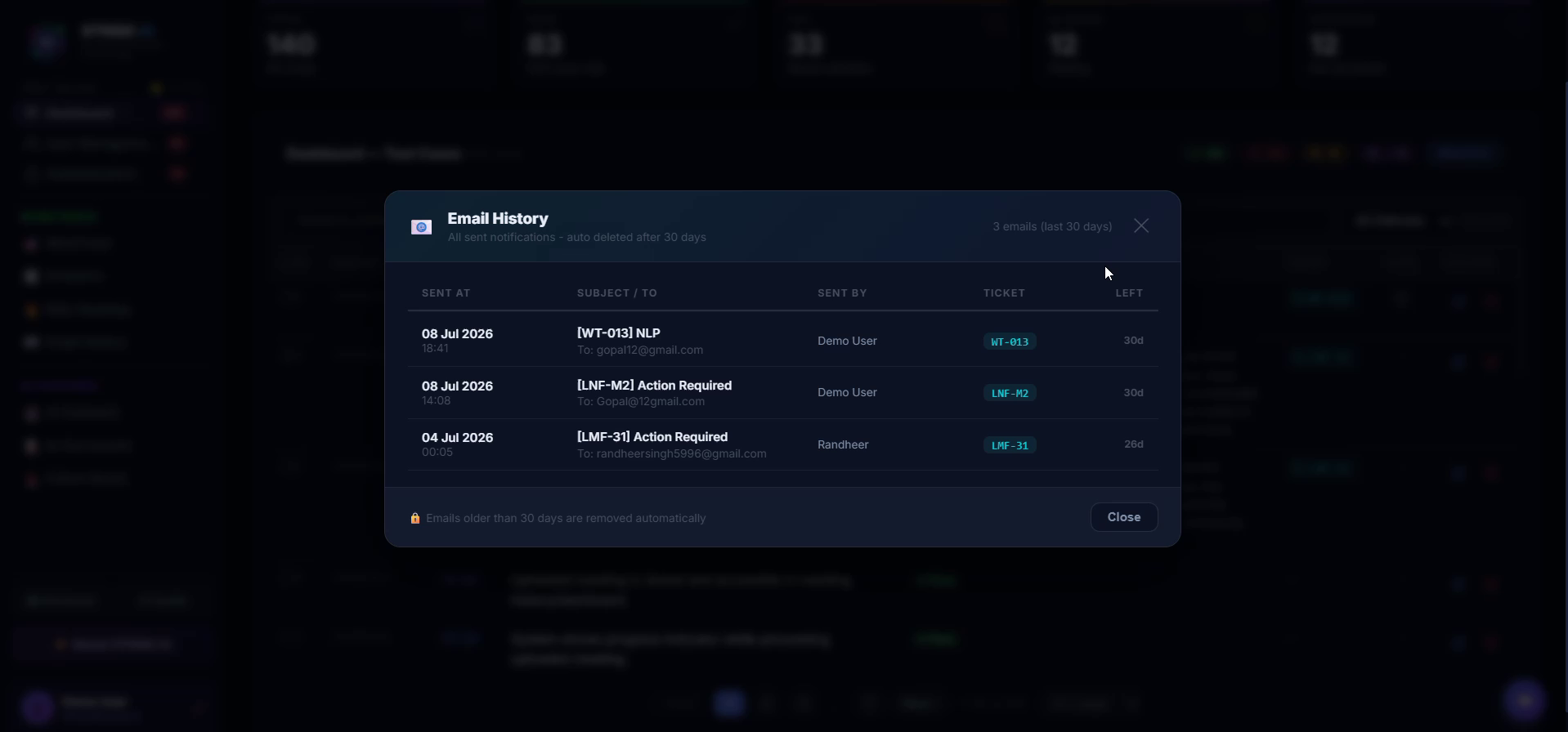 Email notification history