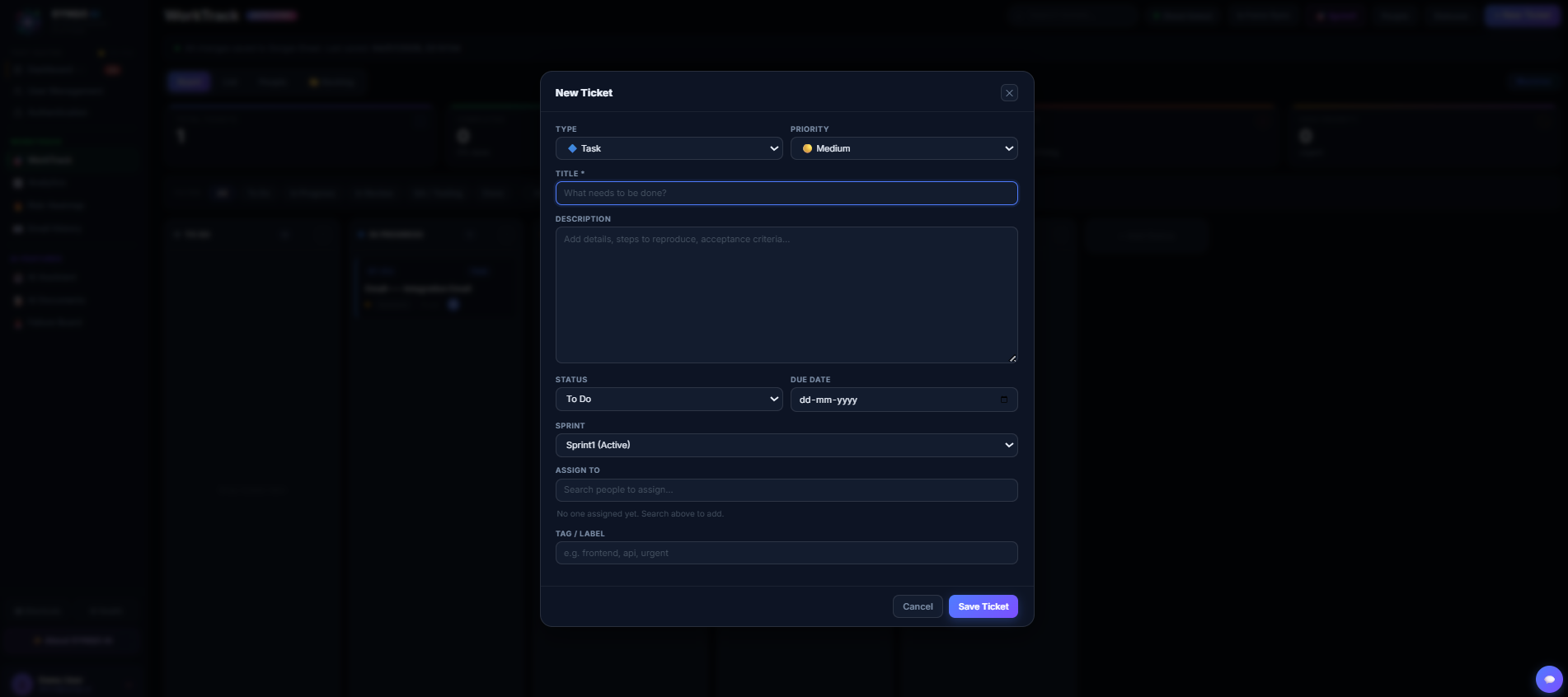 New ticket creation modal