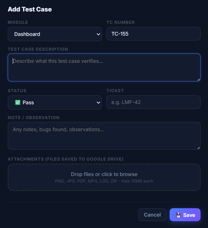 Add test case modal
